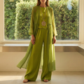 Cayetana | Conjunto de Tres Piezas Palazzo Mujer Cárdigan Largo Transparente