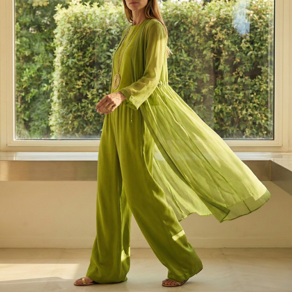 Cayetana | Conjunto de Tres Piezas Palazzo Mujer Cárdigan Largo Transparente