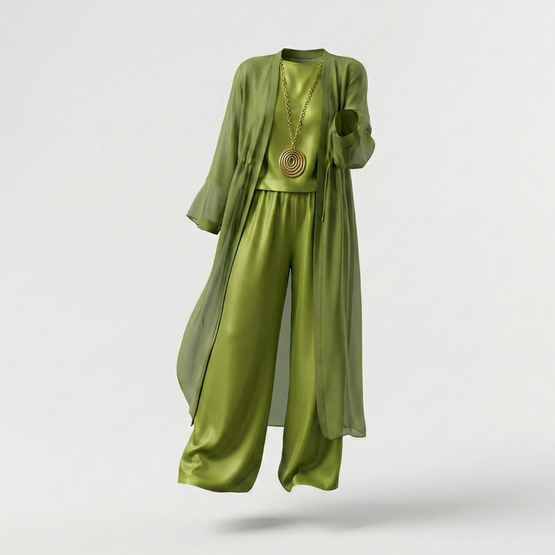 Cayetana | Conjunto de Tres Piezas Palazzo Mujer Cárdigan Largo Transparente
