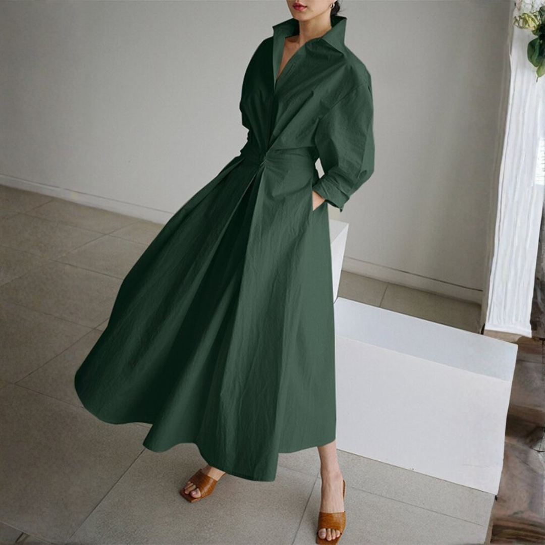 Claudia | Vestido Camisero Midi con Cintura Marcada y Falda Amplia