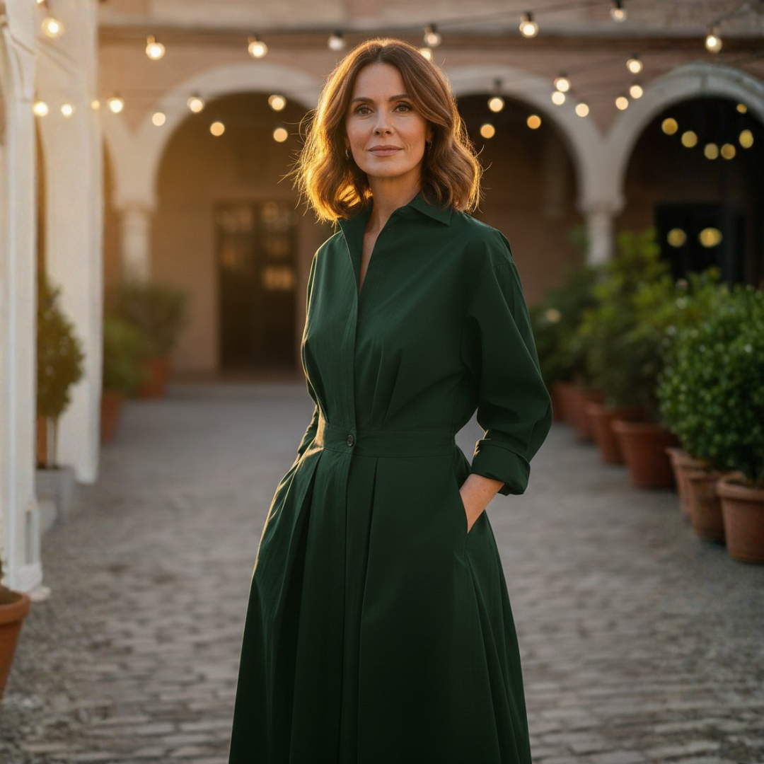 Claudia | Vestido Camisero Midi con Cintura Marcada y Falda Amplia