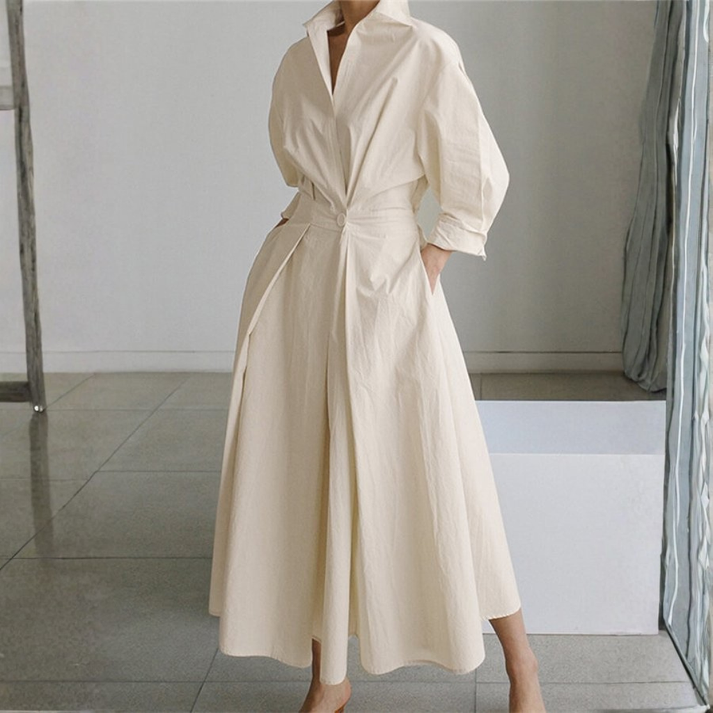 Claudia | Vestido Camisero Midi con Cintura Marcada y Falda Amplia