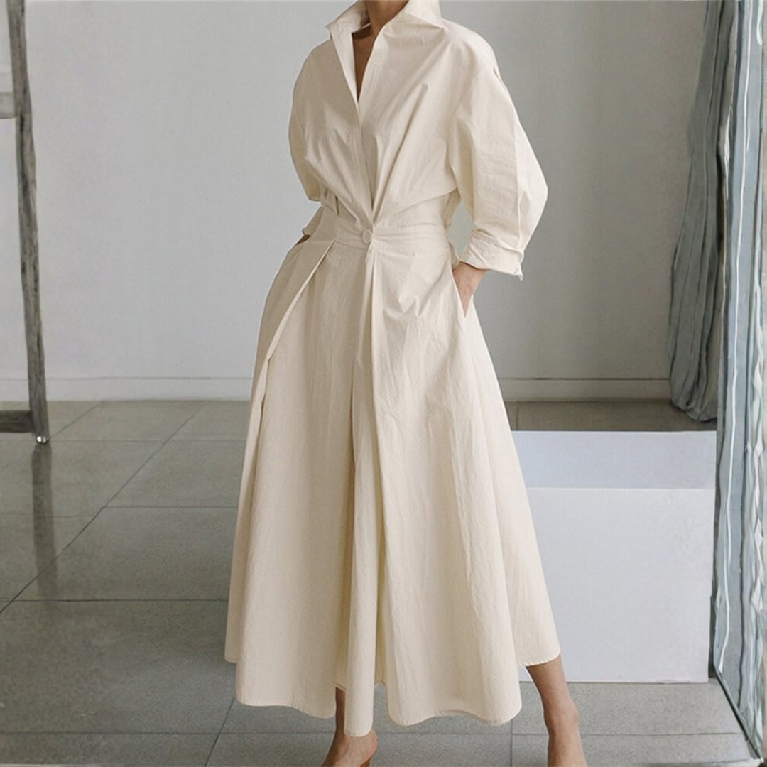 Claudia | Vestido Camisero Midi con Cintura Marcada y Falda Amplia