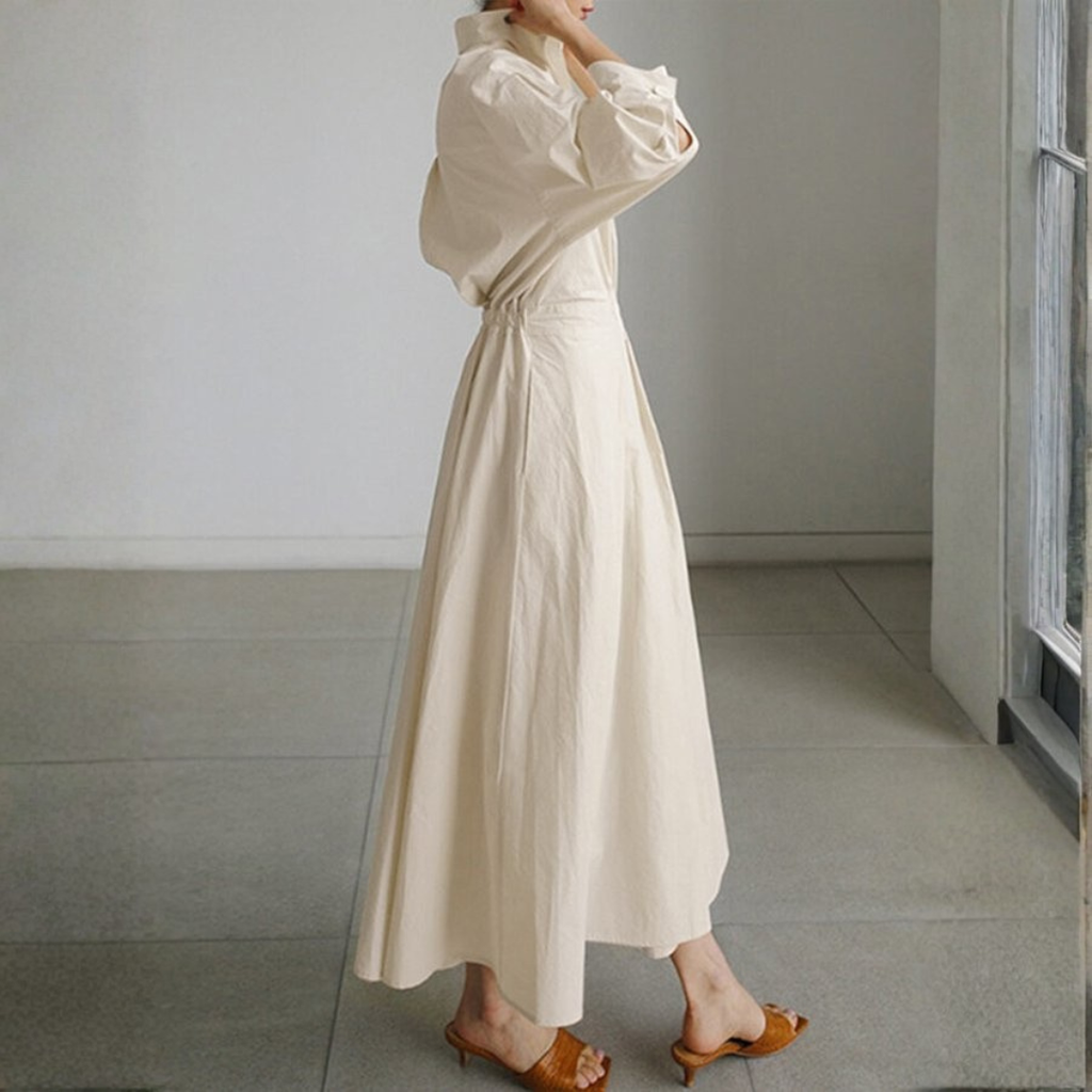 Claudia | Vestido Camisero Midi con Cintura Marcada y Falda Amplia