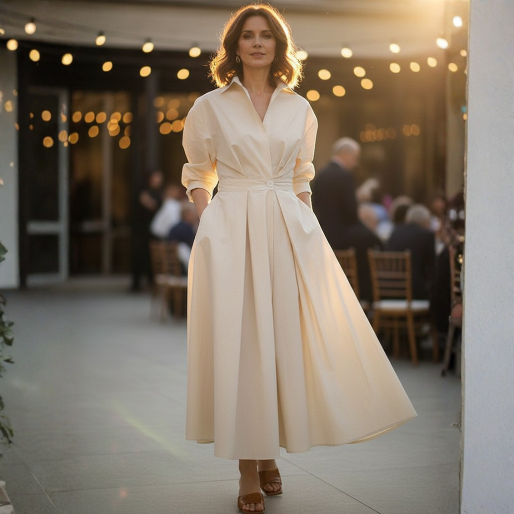 Claudia | Vestido Camisero Midi con Cintura Marcada y Falda Amplia