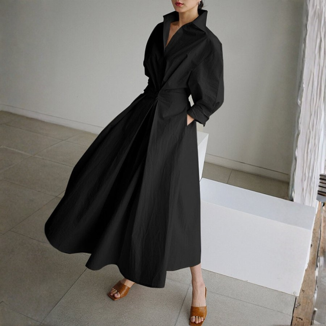 Claudia | Vestido Camisero Midi con Cintura Marcada y Falda Amplia