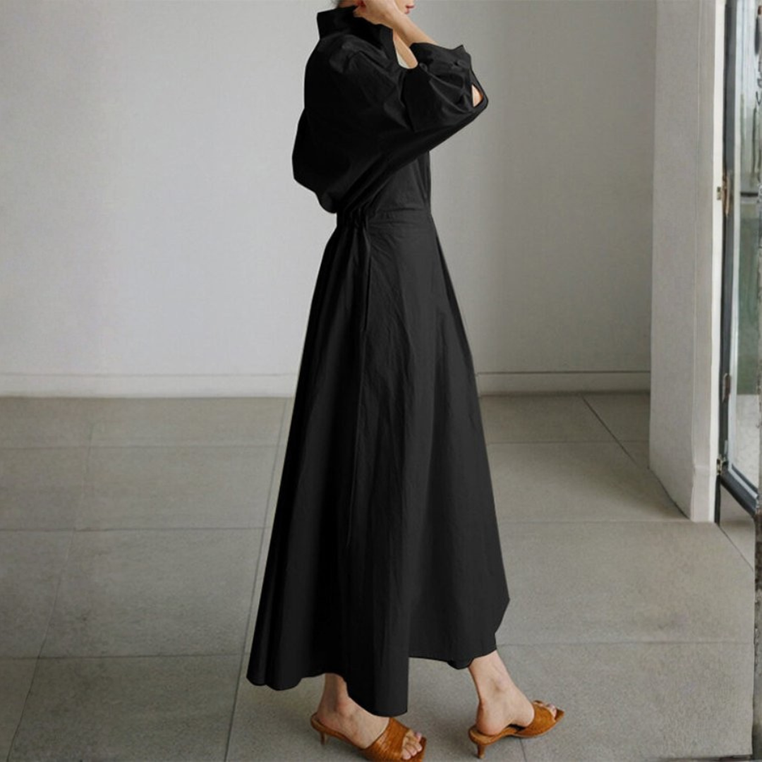 Claudia | Vestido Camisero Midi con Cintura Marcada y Falda Amplia