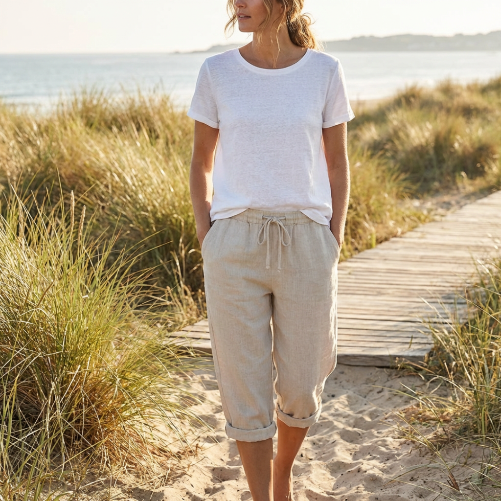 Iria | Pantalón Capri Lino Mujer con Cintura Elástica y Cordón