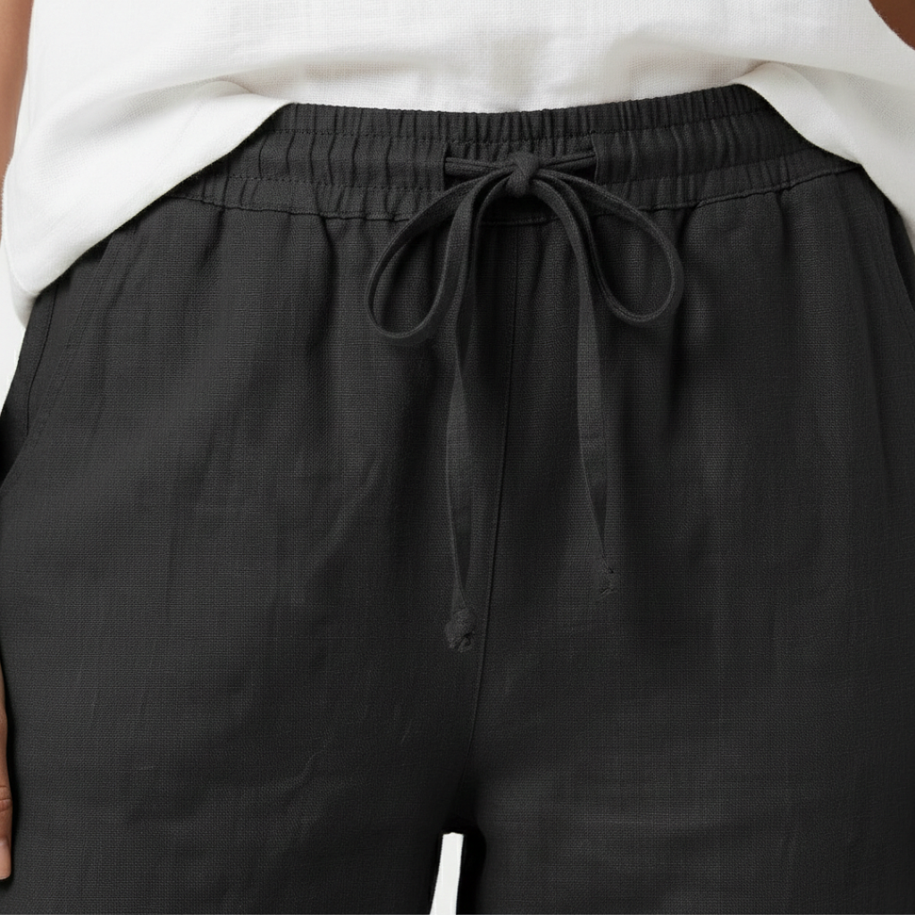 Iria | Pantalón Capri Lino Mujer con Cintura Elástica y Cordón