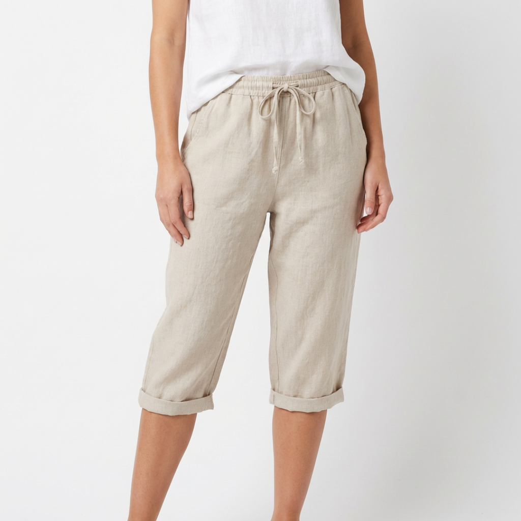 Iria | Pantalón Capri Lino Mujer con Cintura Elástica y Cordón