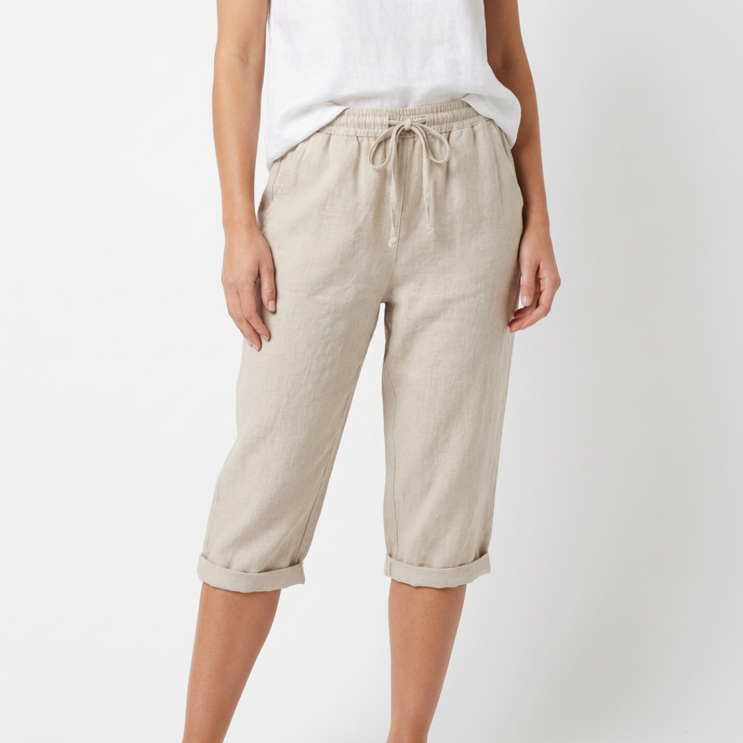 Iria | Pantalón Capri Lino Mujer con Cintura Elástica y Cordón