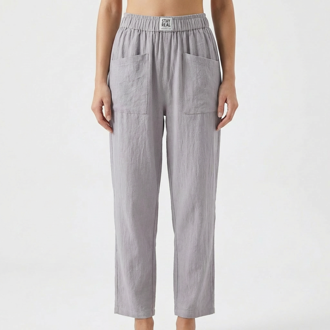 Sofía | Pantalón Lino Mujer con Cintura Elástica y Bolsillos Parche