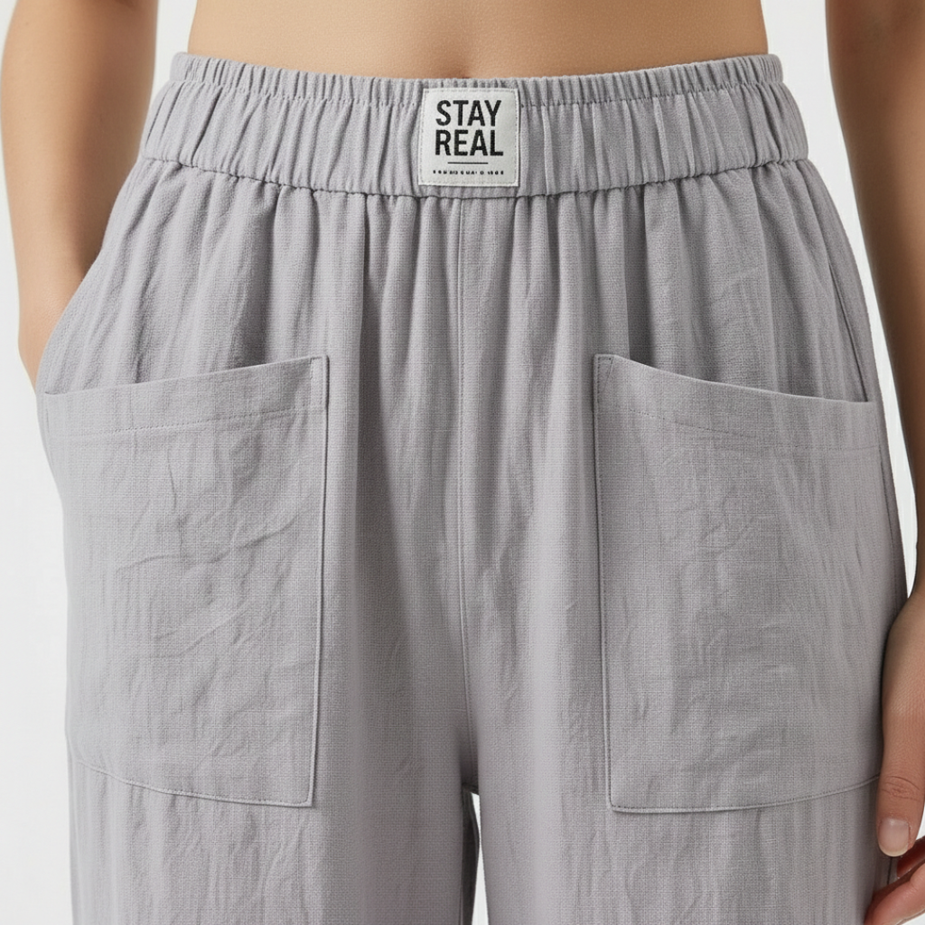 Sofía | Pantalón Lino Mujer con Cintura Elástica y Bolsillos Parche