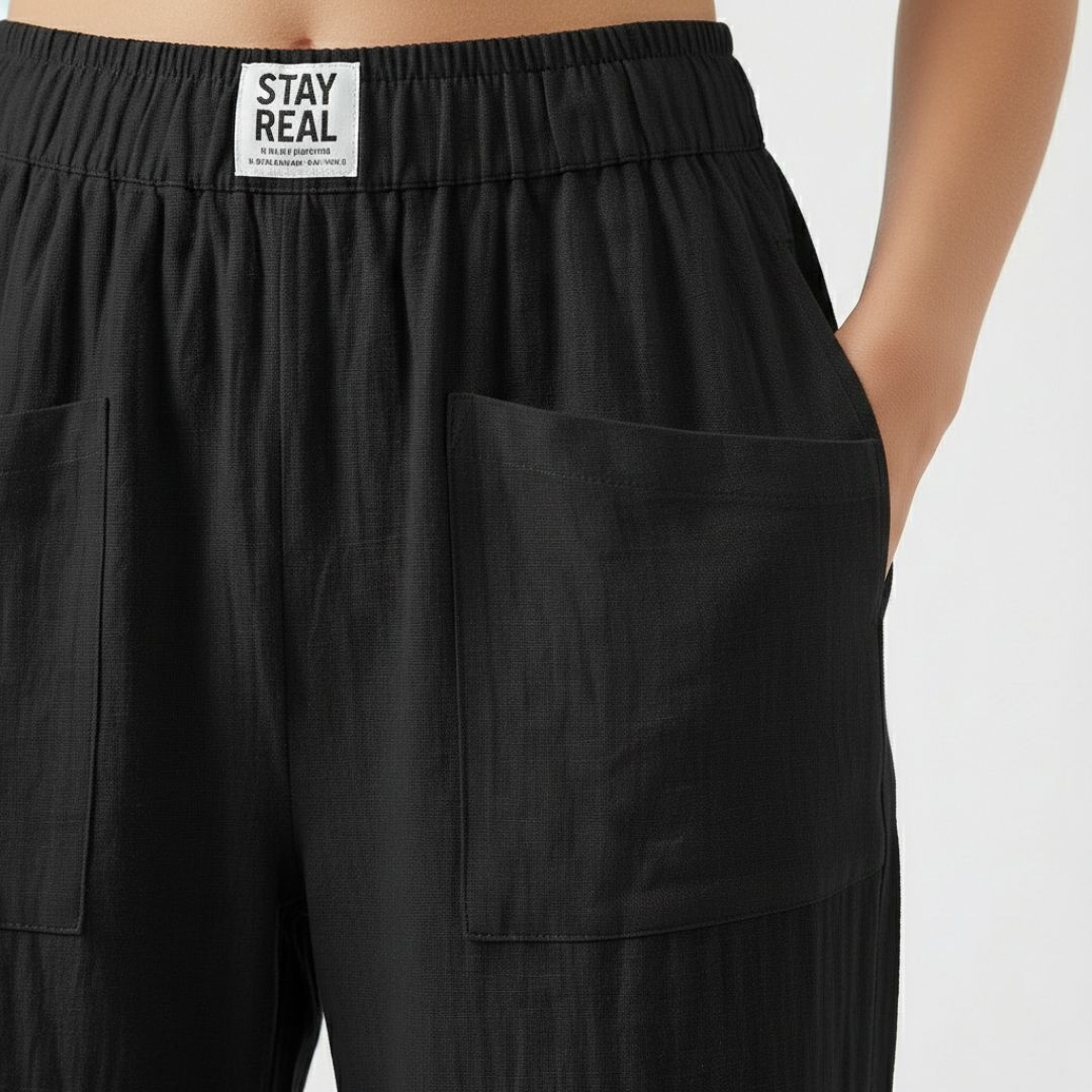 Sofía | Pantalón Lino Mujer con Cintura Elástica y Bolsillos Parche