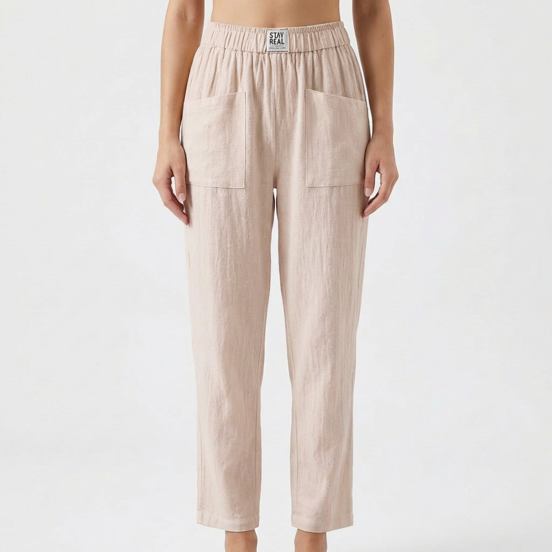 Sofía | Pantalón Lino Mujer con Cintura Elástica y Bolsillos Parche