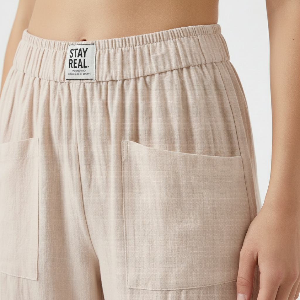 Sofía | Pantalón Lino Mujer con Cintura Elástica y Bolsillos Parche
