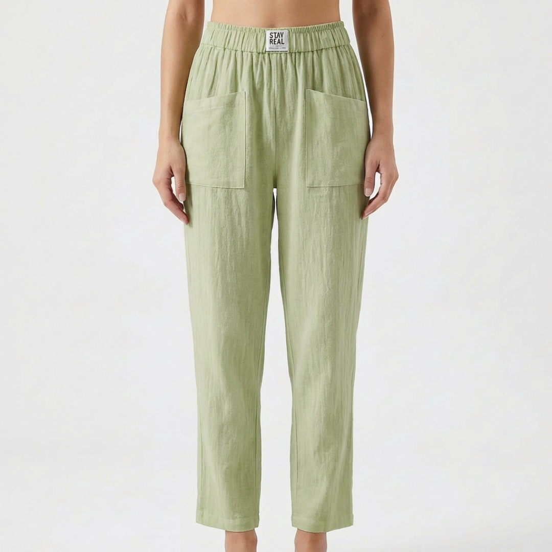 Sofía | Pantalón Lino Mujer con Cintura Elástica y Bolsillos Parche