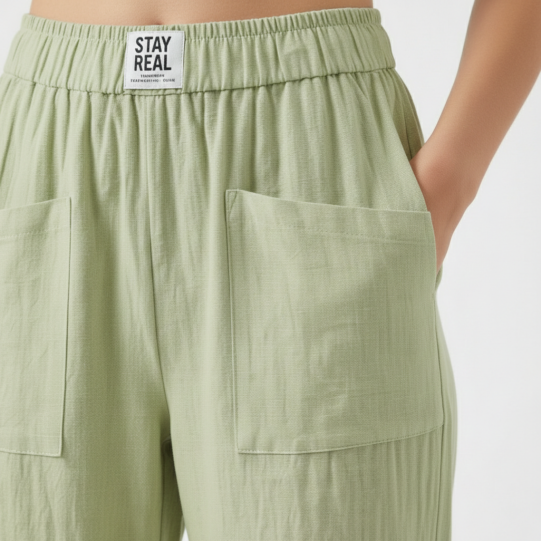 Sofía | Pantalón Lino Mujer con Cintura Elástica y Bolsillos Parche