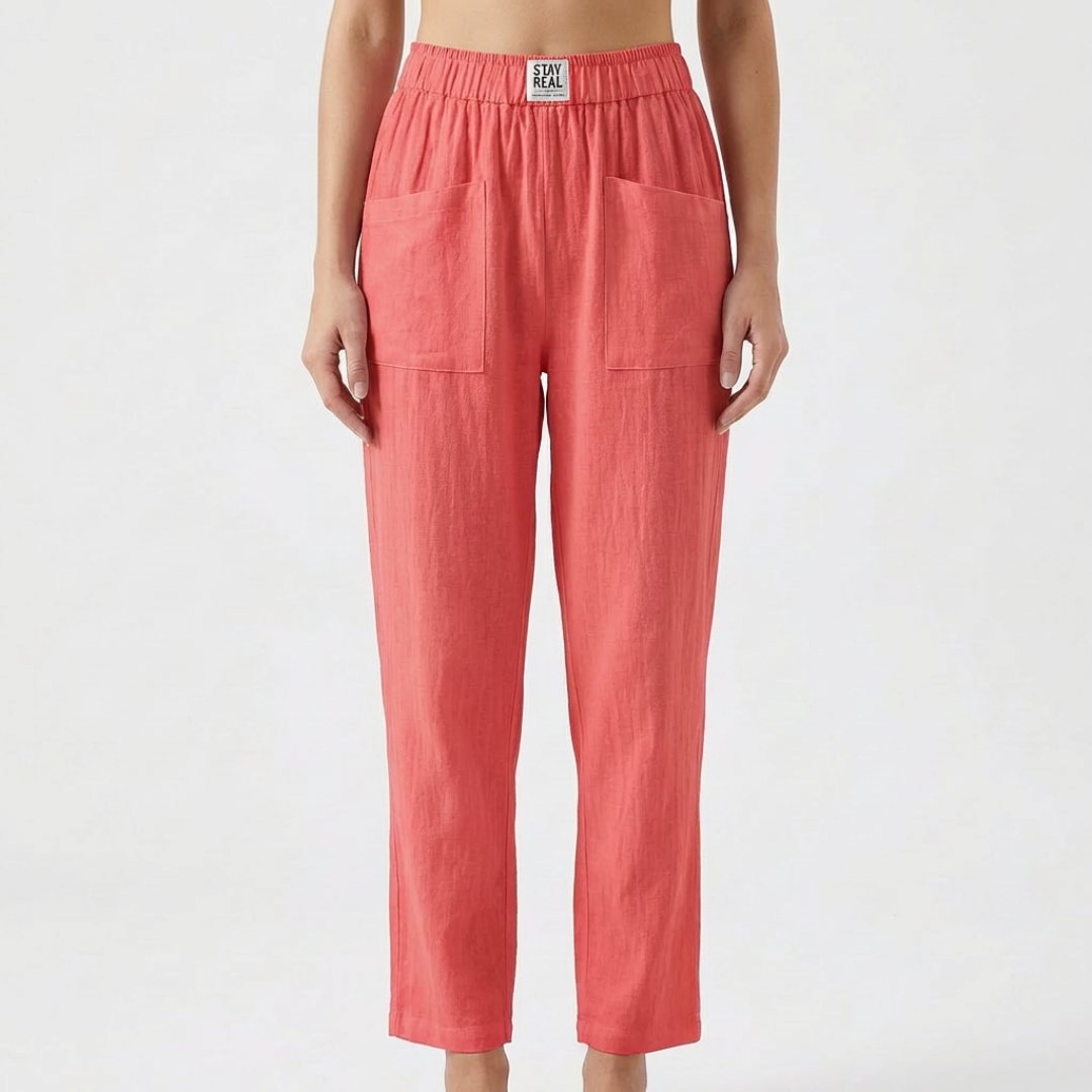 Sofía | Pantalón Lino Mujer con Cintura Elástica y Bolsillos Parche