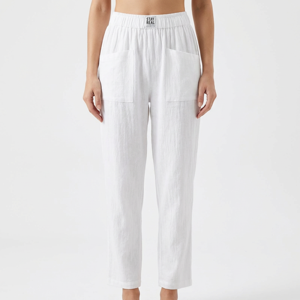 Sofía | Pantalón Lino Mujer con Cintura Elástica y Bolsillos Parche