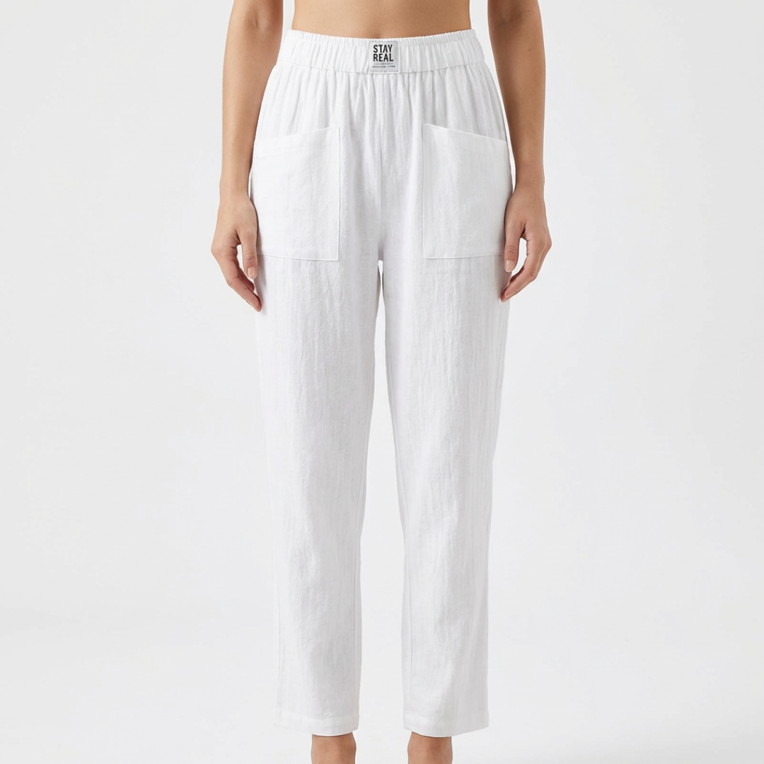Sofía | Pantalón Lino Mujer con Cintura Elástica y Bolsillos Parche