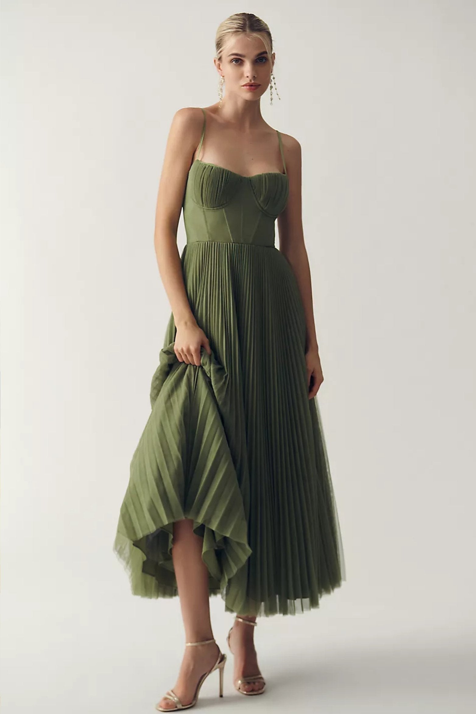Abril | Vestido de Invitada de Boda Midi Mujer Corsé Falda Plisada Tul