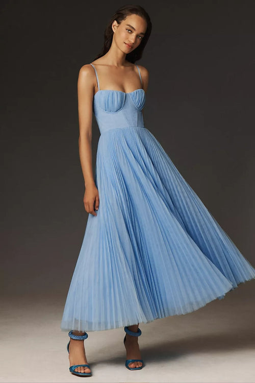 Abril | Vestido de Invitada de Boda Midi Mujer Corsé Falda Plisada Tul