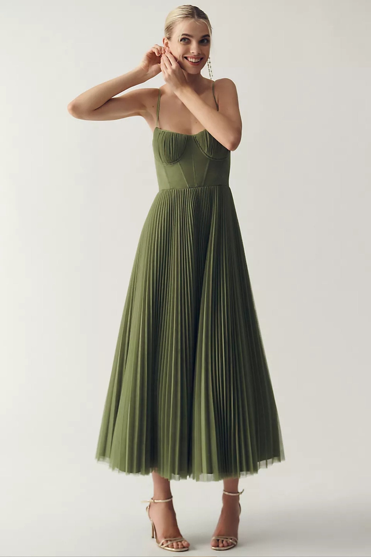 Abril | Vestido de Invitada de Boda Midi Mujer Corsé Falda Plisada Tul
