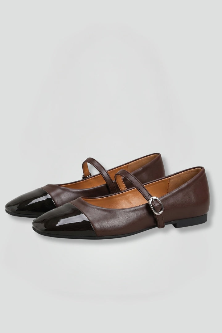 Adriana | Zapatos Mary Jane de Cuero Planos Mujer Hebilla Punta Contraste