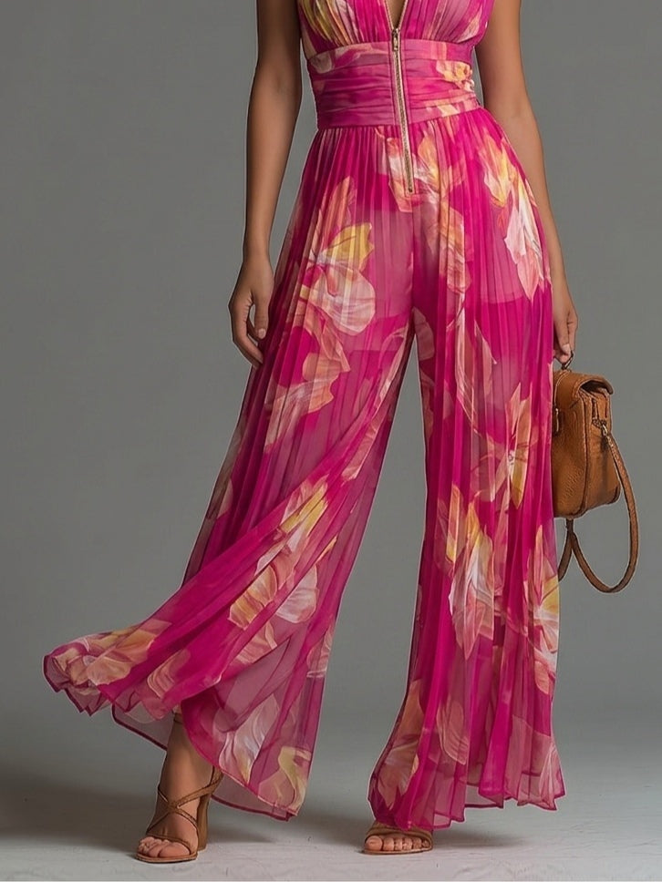 Aitana | Mono de Chiffon Floral Estampado Mujer Escote V Pierna Ancha