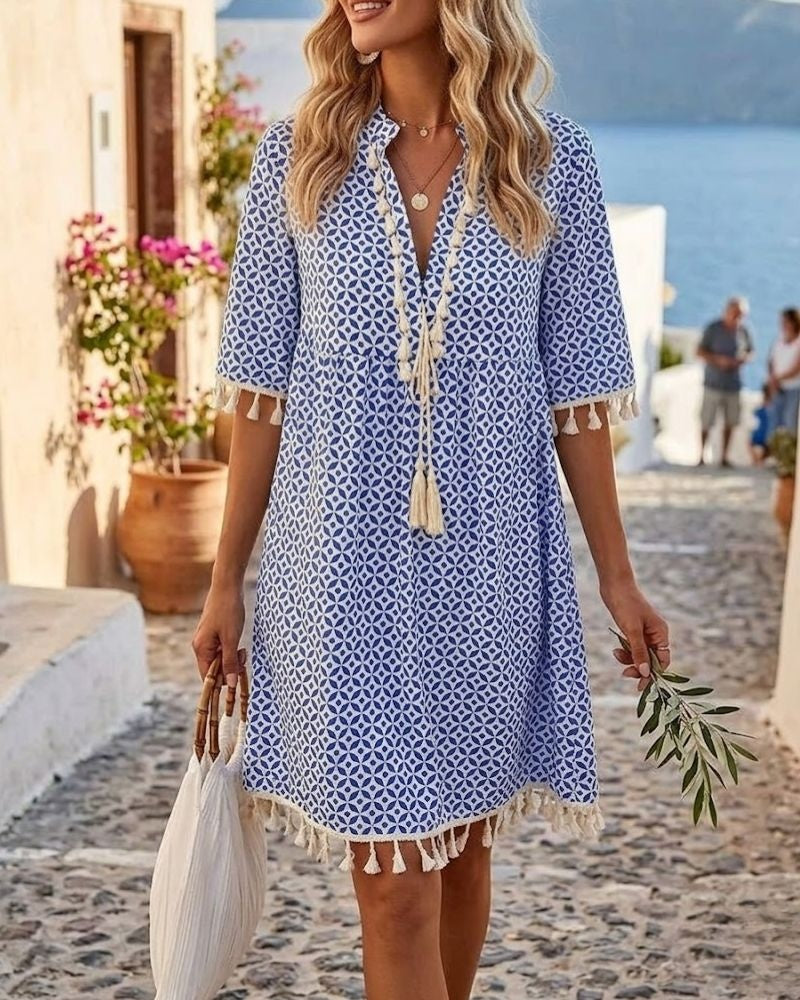 Alma | Vestido Corto de Verano Mujer Estampado Geométrico Flecos