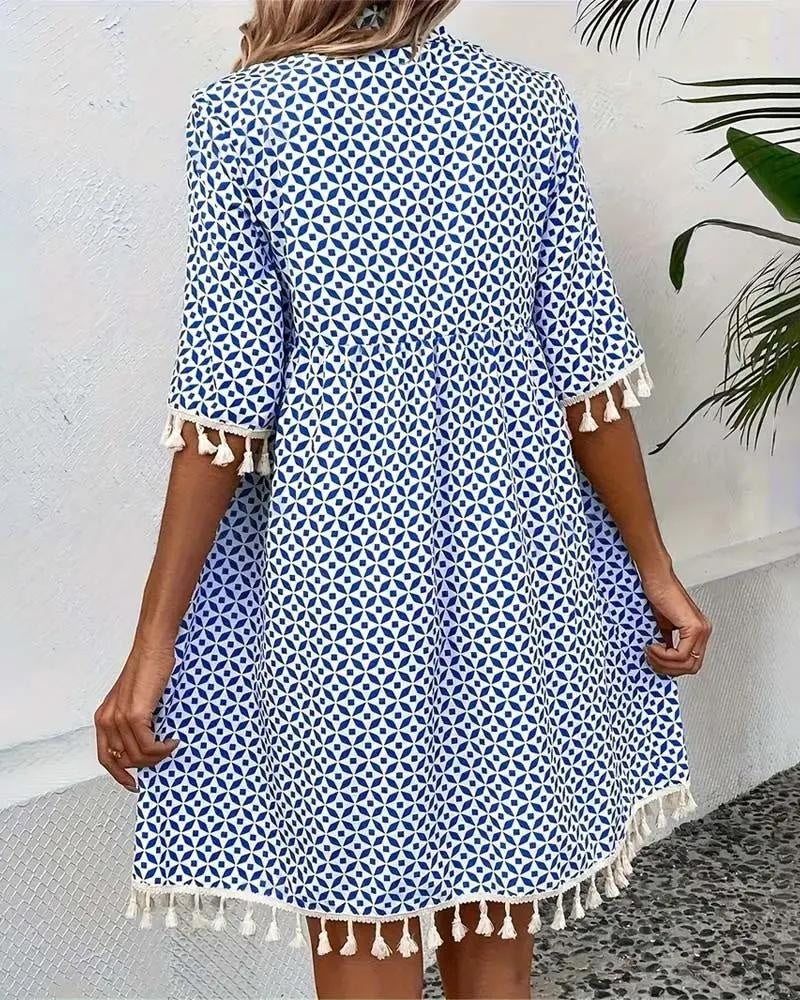Alma | Vestido Corto de Verano Mujer Estampado Geométrico Flecos