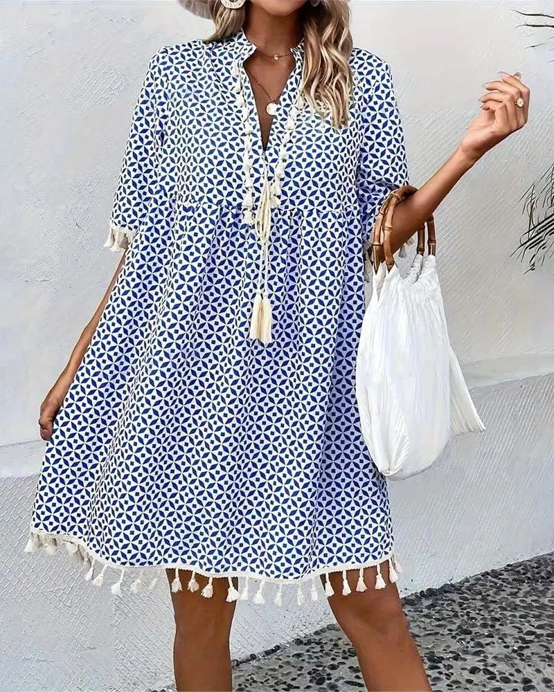 Alma | Vestido Corto de Verano Mujer Estampado Geométrico Flecos