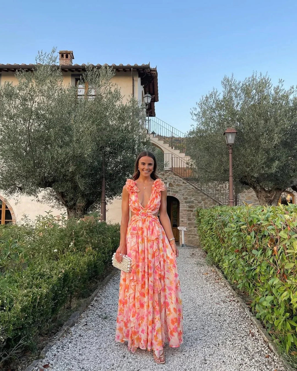 Ariadna | Vestido Largo de Invitada Estampado Floral Mujer Escote V Volantes