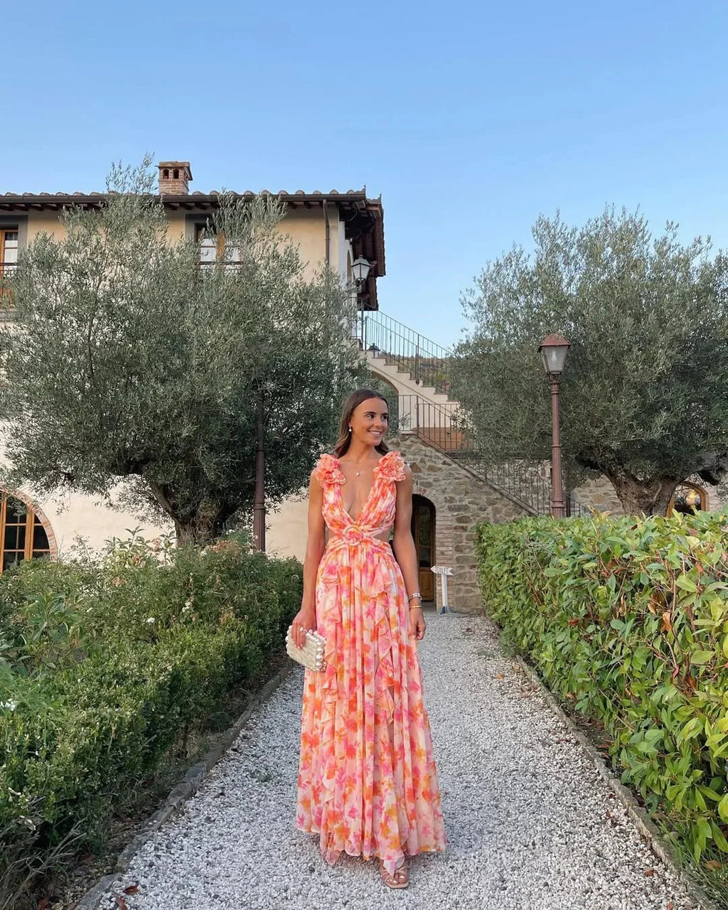 Ariadna | Vestido Largo de Invitada Estampado Floral Mujer Escote V Volantes