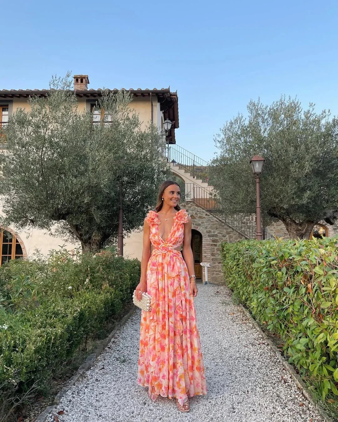 Ariadna | Vestido Largo de Invitada Estampado Floral Mujer Escote V Volantes