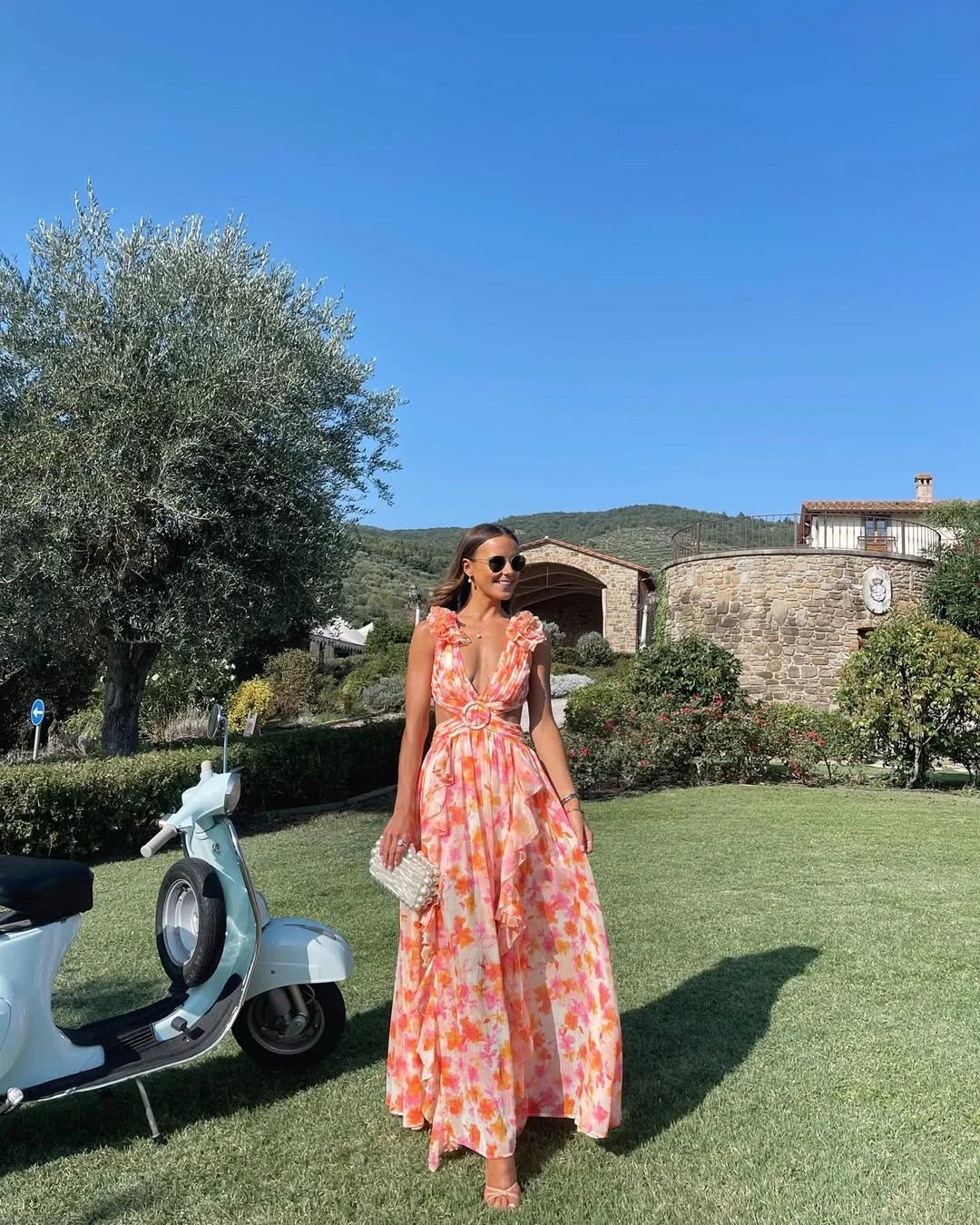 Ariadna | Vestido Largo de Invitada Estampado Floral Mujer Escote V Volantes