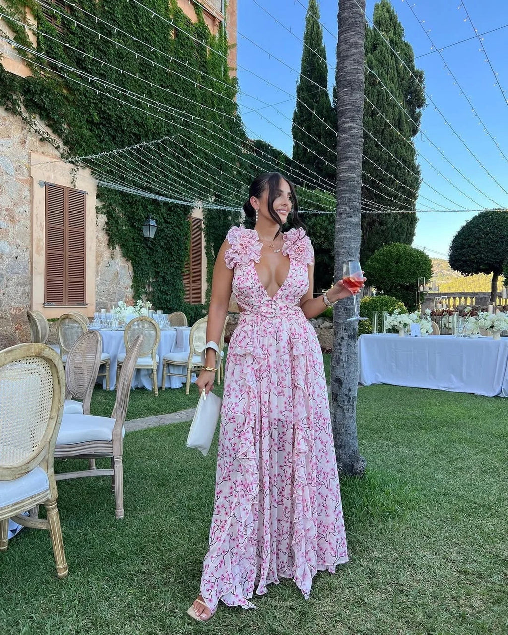 Ariadna | Vestido Largo de Invitada Estampado Floral Mujer Escote V Volantes