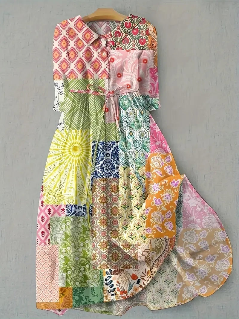 Ariadna | Vestido Largo Floral Mujer Manga Tres Cuartos Cinturón