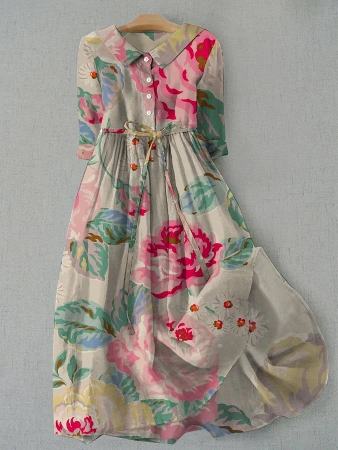 Ariadna | Vestido Largo Floral Mujer Manga Tres Cuartos Cinturón