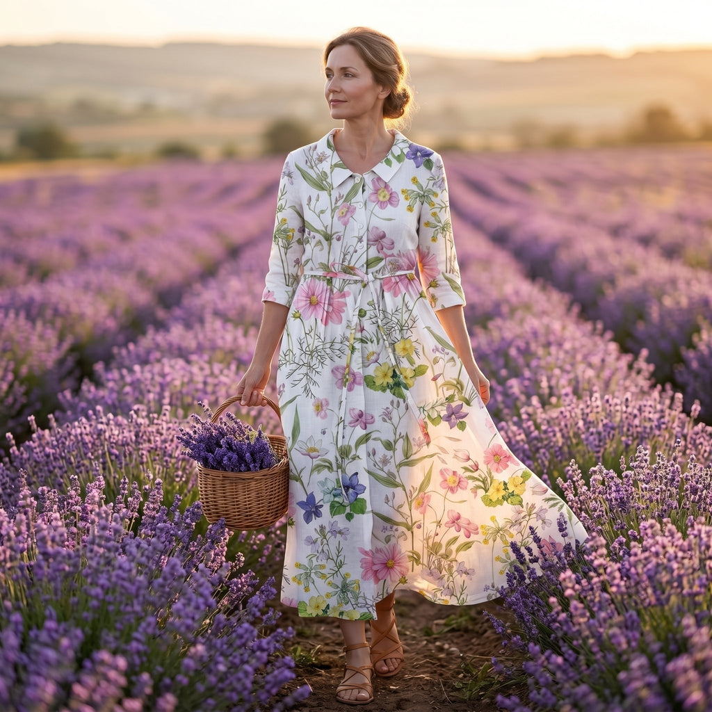 Ariadna | Vestido Largo Floral Mujer Manga Tres Cuartos Cinturón