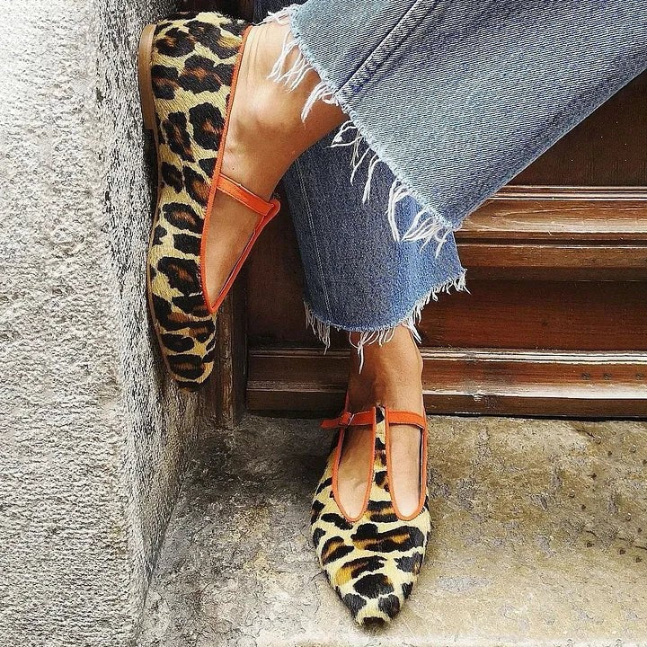 Beatriz | Bailarinas de Punta Afilada con T-Strap Mujer Estampado Leopardo