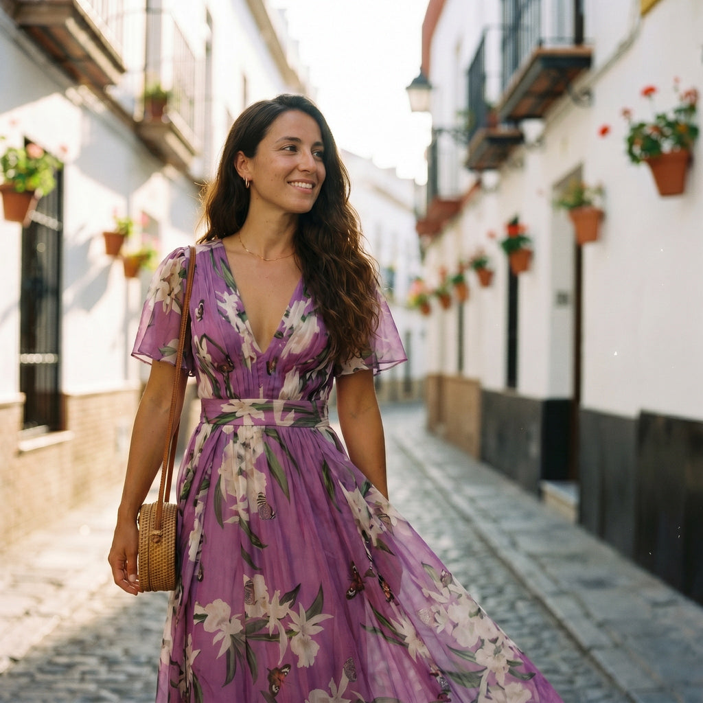 Beatriz | Vestido Largo Floral Mujer Escote V Manga Corta