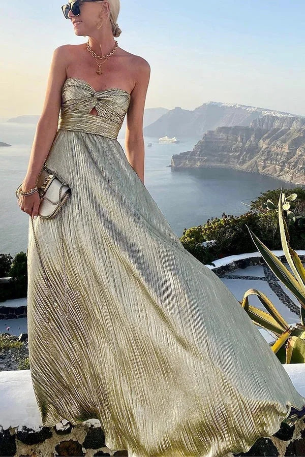 Beatriz | Vestido Largo Palabra de Honor Mujer Efecto Brillante Plisado