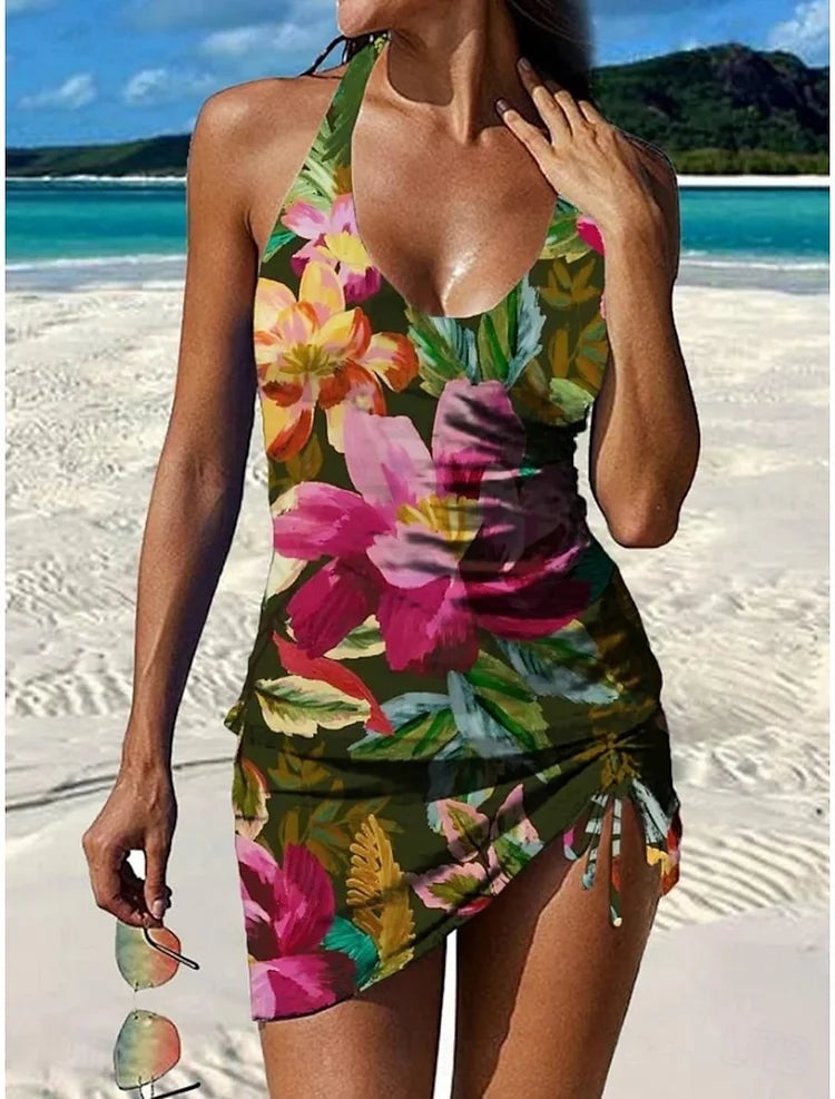 Candela | Traje de Baño Estampado Floral Mujer Falda Halter