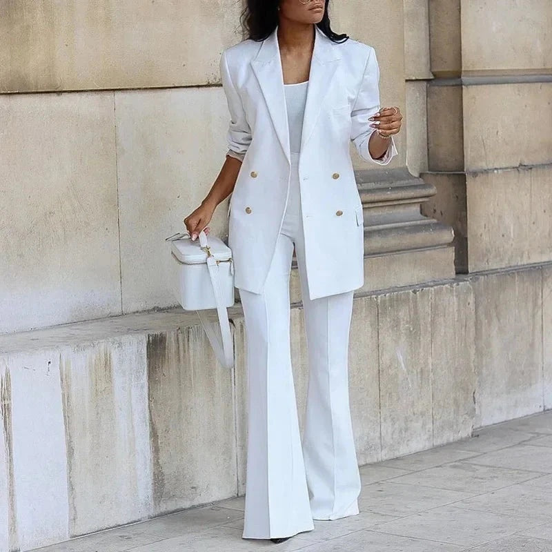 Carla | Conjunto Blazer Largo de Botones Mujer Pantalones Acampanados