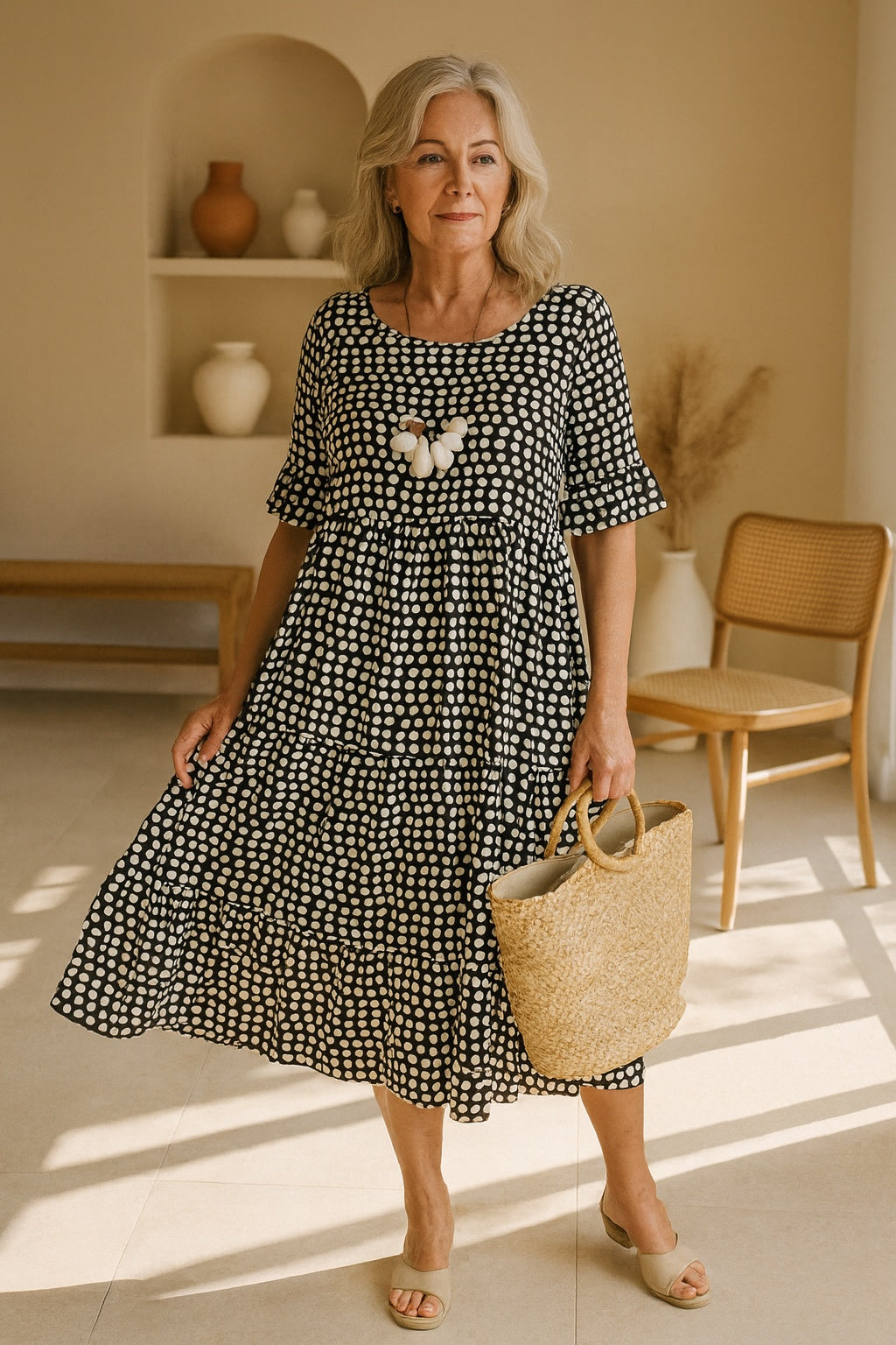 Carmen | Vestido Midi de Lunares Mujer Manga Corta Volantes
