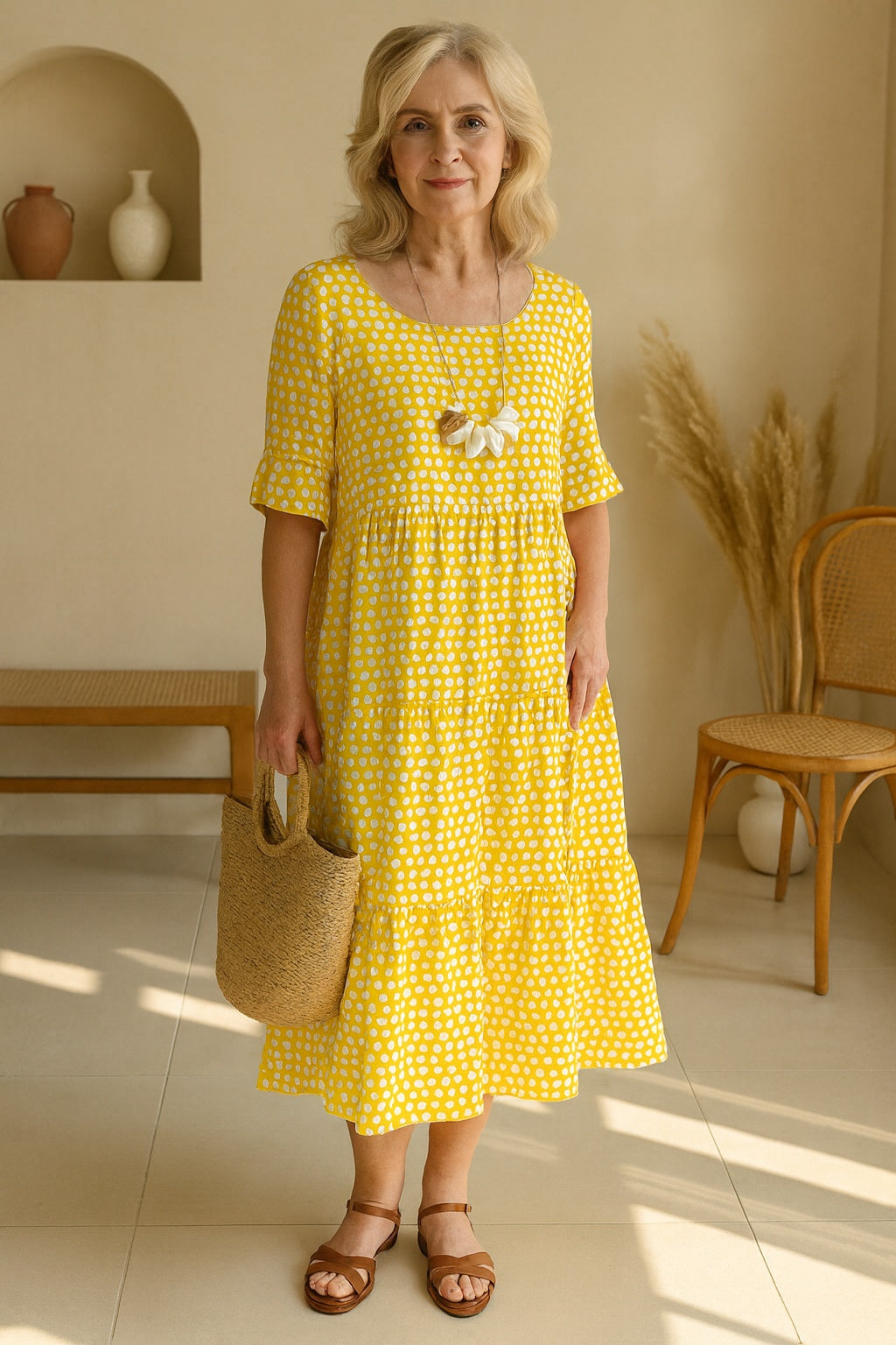 Carmen | Vestido Midi de Lunares Mujer Manga Corta Volantes