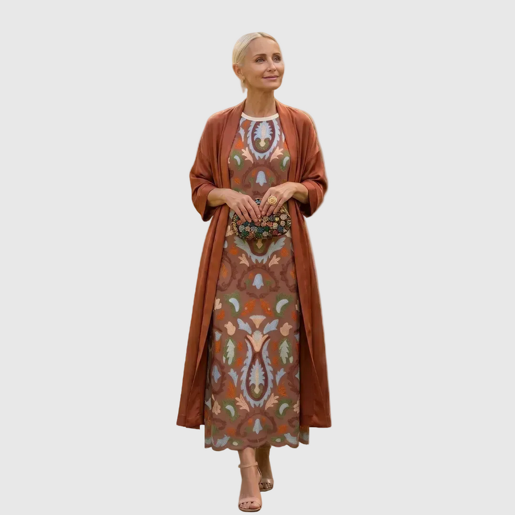 Cayetana | Vestido Invitada Invierno Midi Estampado Mujer con Duster a Juego