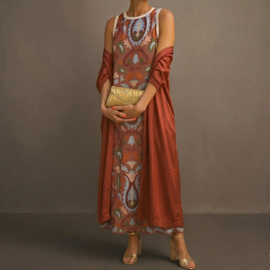 Cayetana | Vestido Invitada Invierno Midi Estampado Mujer con Duster a Juego